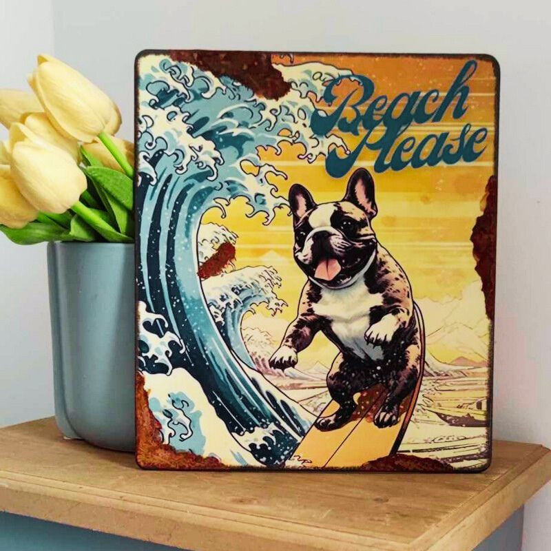 Plaque Déco Chien Bouledogue surf sur la Vague